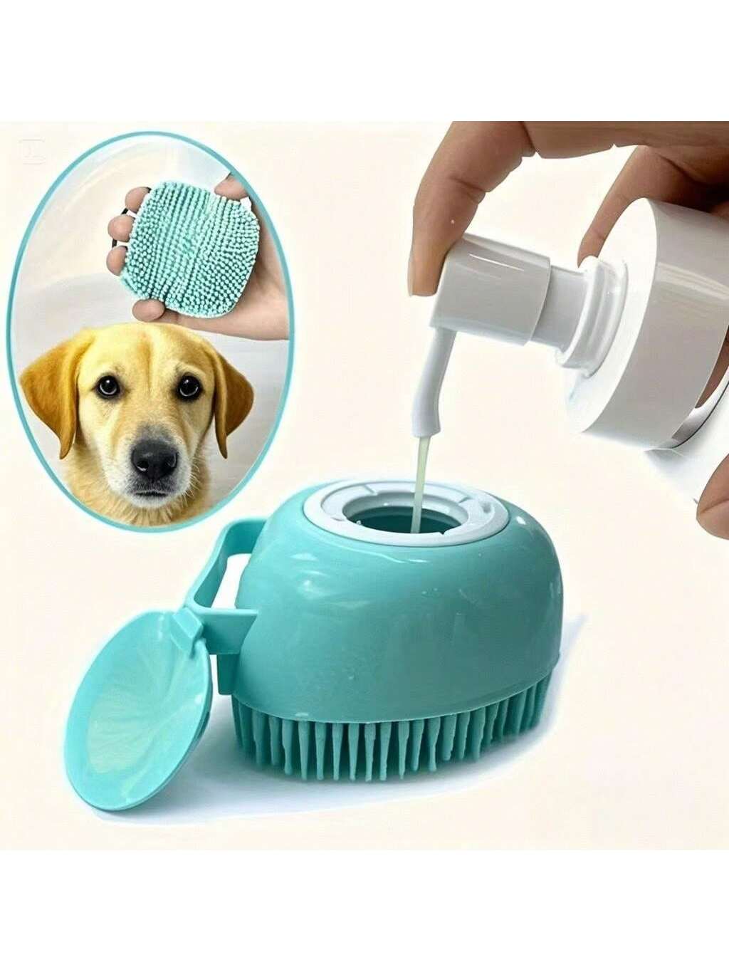 This Soft Silicone Pet Shower Beauty Gadget with Blue and Pink Colors Is Designed Specifically for Short Haired Dogs and Cats.