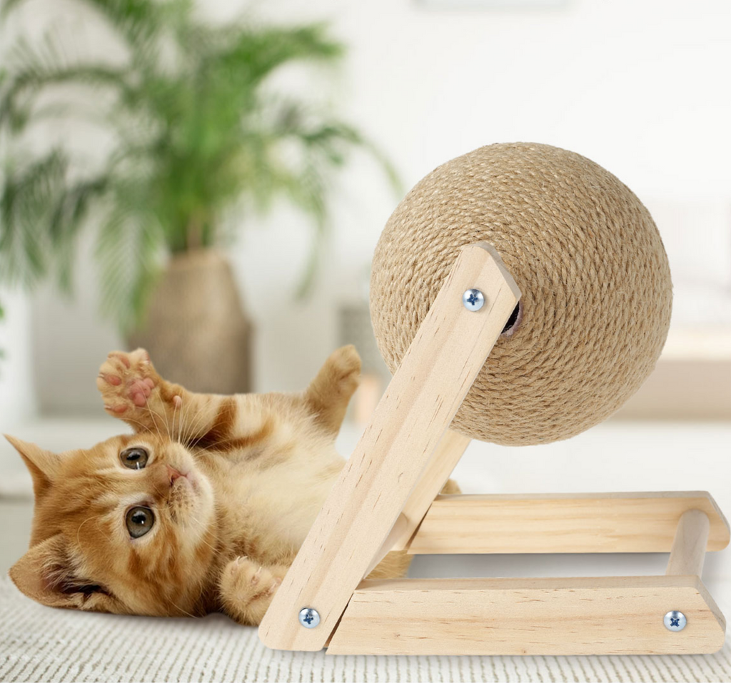 Cat Scratching Ball Natural Sisal Cat Scratcher Toy with Catnip Interactive Solid Wood Scratcher Ball 7X7X6.3 Inch Cat Scratch Post with Rotatable Ball for Indoor Cats and Kitten